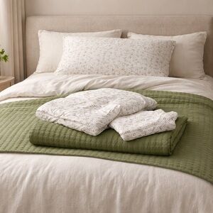 Olive Green Quilted Full Size Bed Throw with Floral Pillowcase and Sheet Set